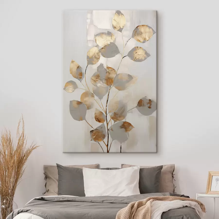 Tableau Branche abstraite aux feuilles ovales dans des tons de gris et de jaune, œuvre d'art texturée s49155