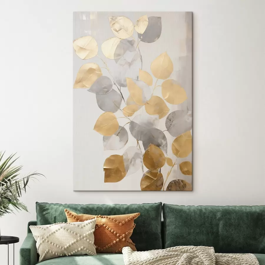 Tableau Branche abstraite aux feuilles ovales dans des tons de gris et de jaune, œuvre d'art texturée s49156
