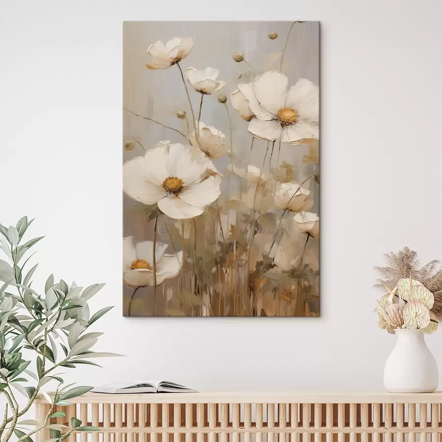 Tableau Des coquelicots blancs peints dans un style doux et impressionniste, sur un fond aux tons discrets s49159