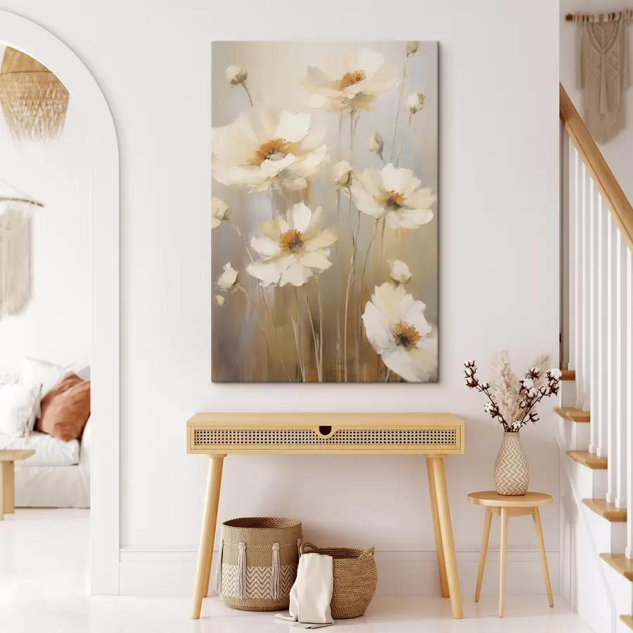 Tableau Des coquelicots blancs peints dans un style doux et impressionniste, sur un fond aux tons discrets s49160