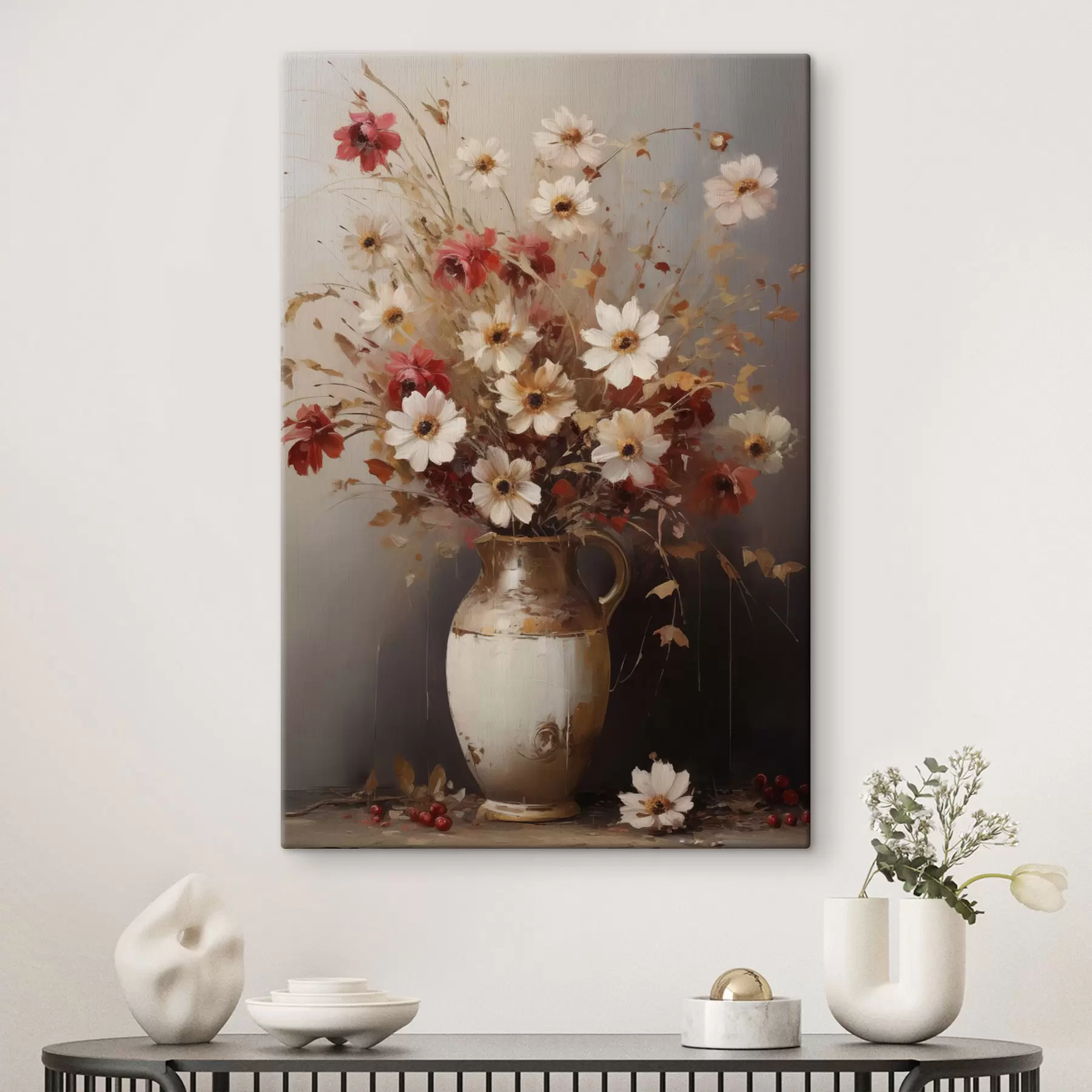 Tableau Un bouquet de fleurs blanches et rouges rehaussées de touches marron dans un vase, dans un style pictural s49161