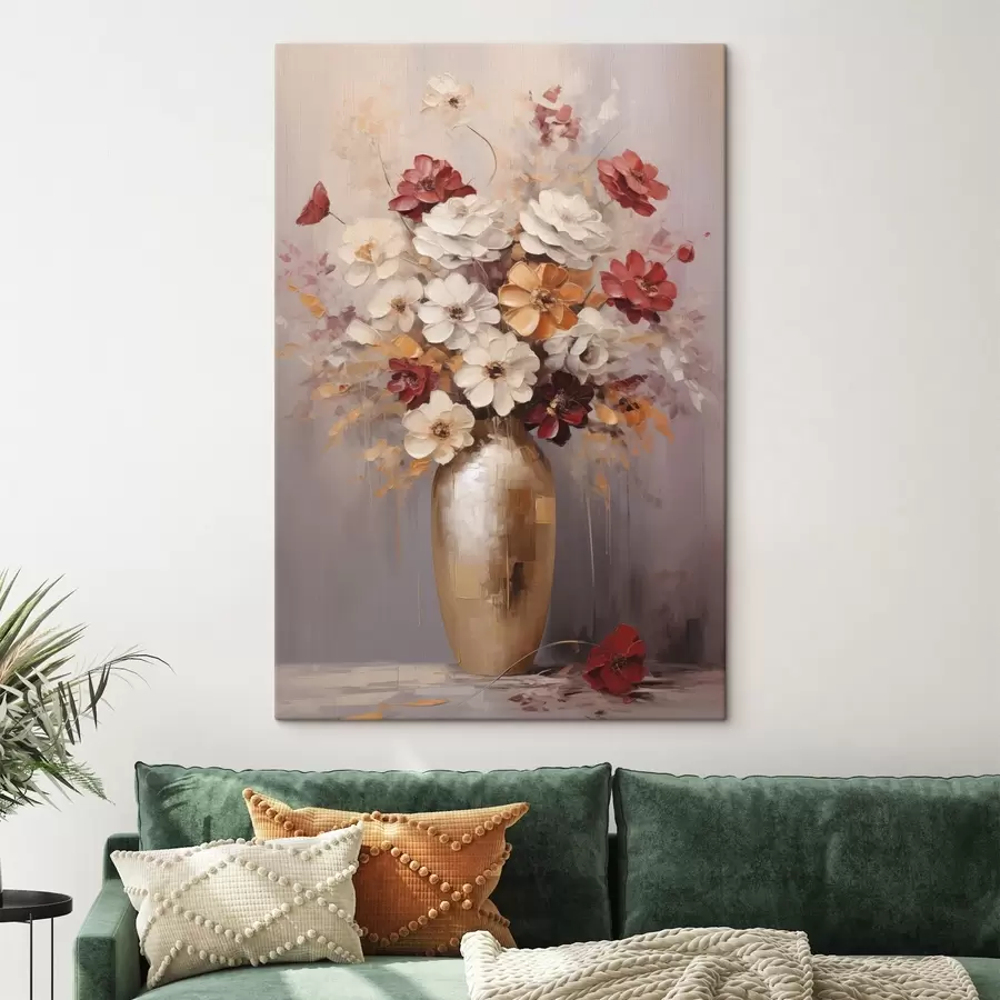 Tableau Un bouquet de fleurs blanches et rouges rehaussées de touches marron dans un vase, dans un style pictural s49162