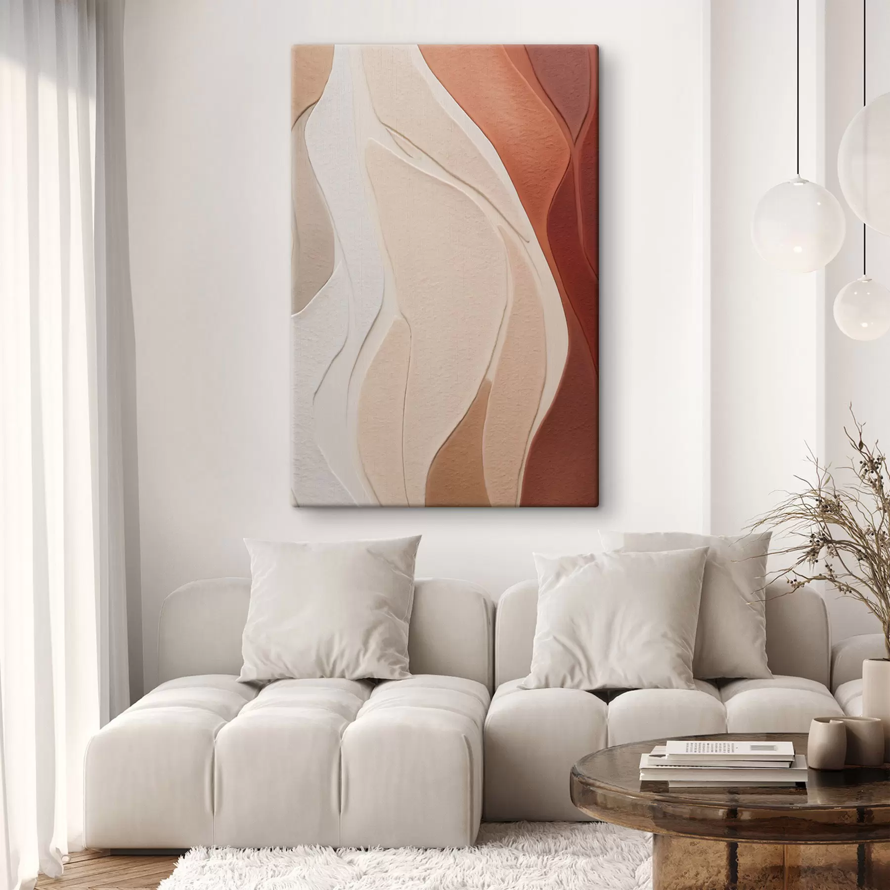 Tableau Des couches abstraites et ondulées de textures dans des tons de terre cuite, de beige et de crème s49170
