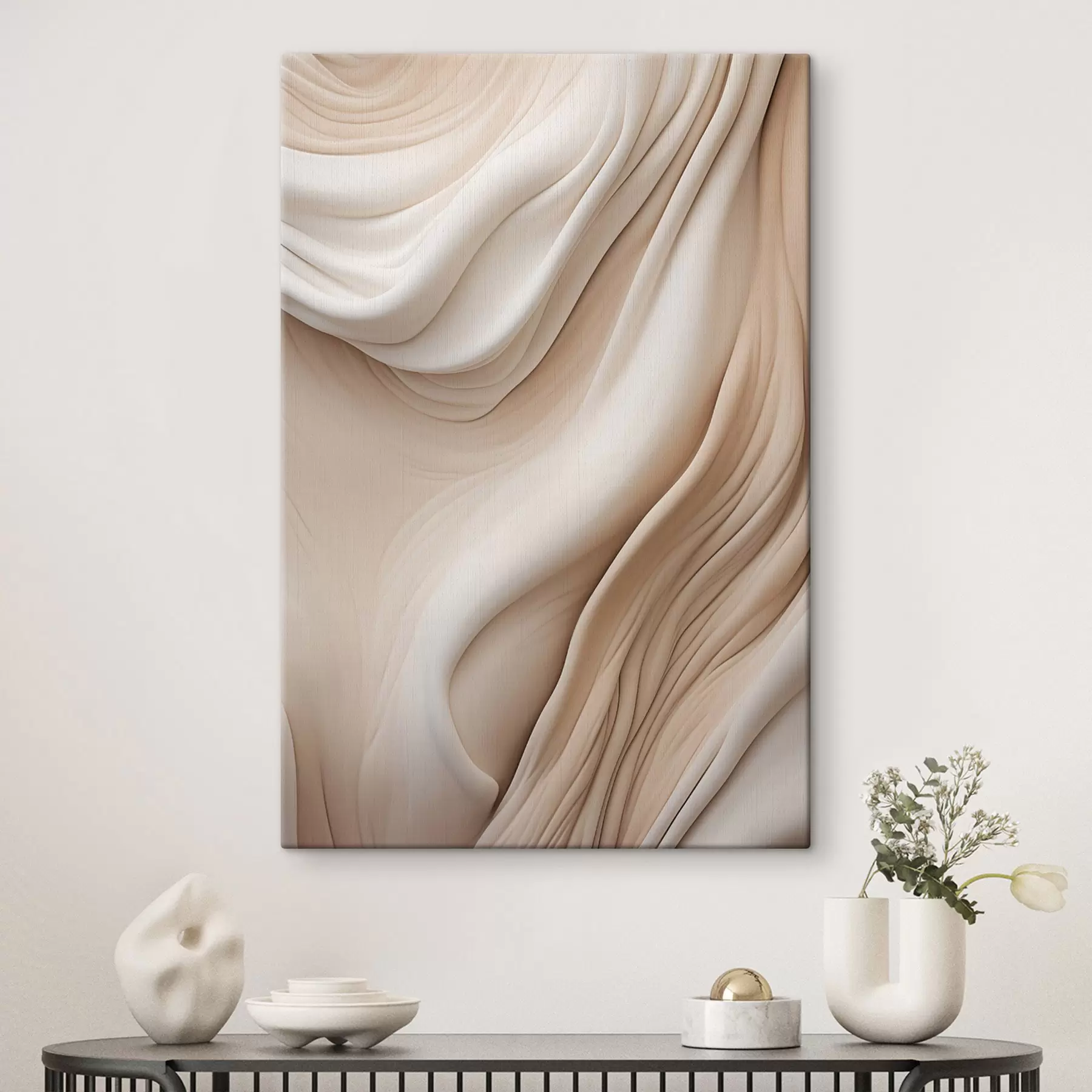 Tableau Des textures fluides et abstraites dans des tons crème et beige, rehaussées d'ombres douces s49175