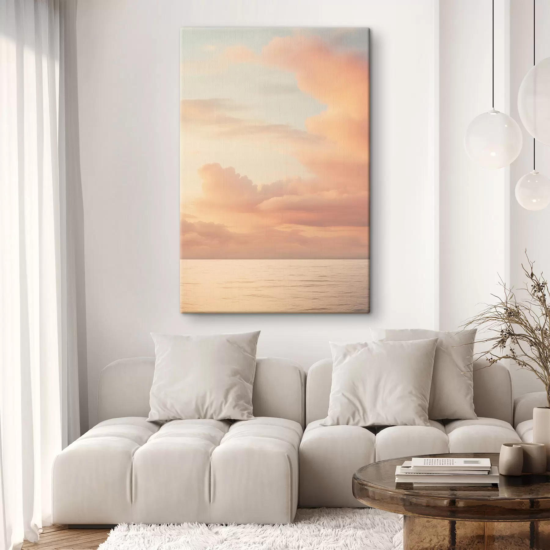 Tableau Un ciel aux teintes pastel, parsemé de nuages cotonneux, au-dessus d'un océan calme et miroitant au coucher du soleil s49178