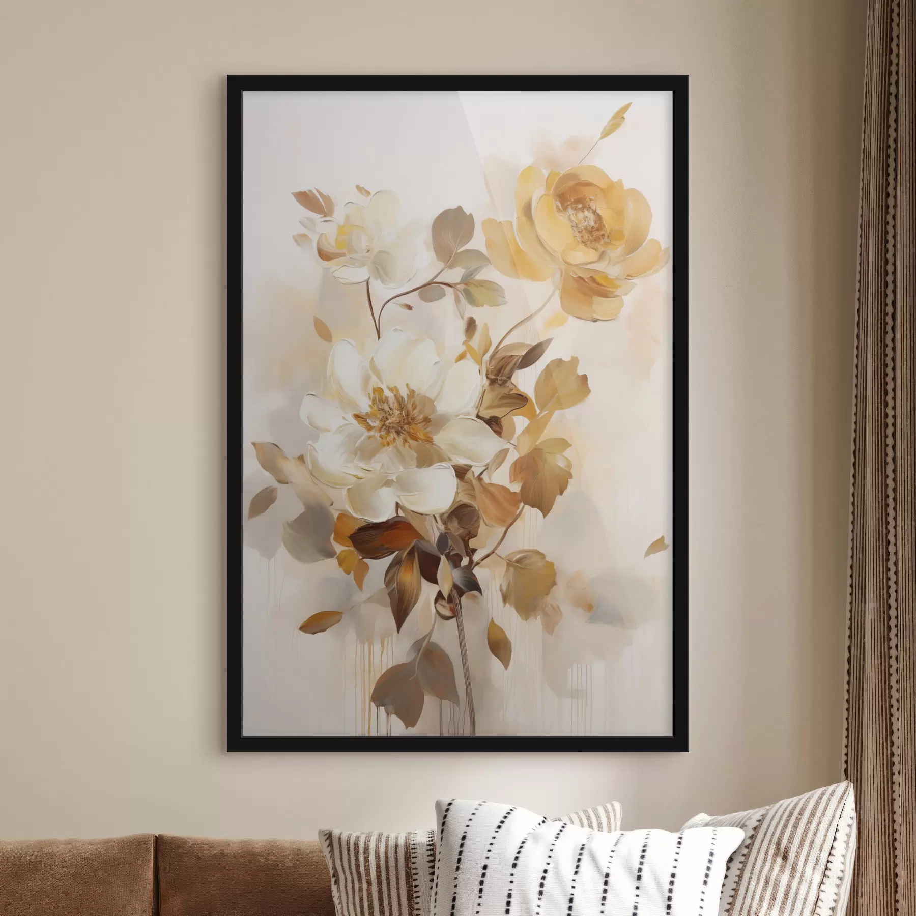 Papier peint Fleurs abstraites aux feuilles brunes, style pictural et coups de pinceau f49145