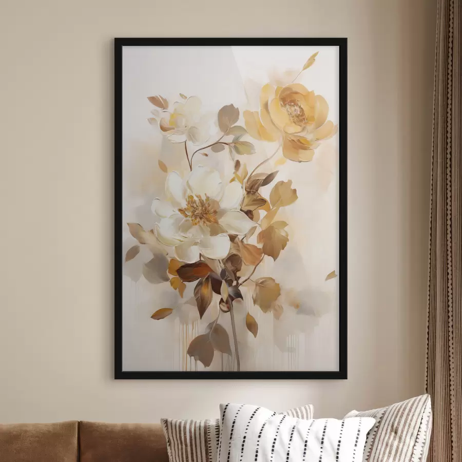 Papier peint Fleurs abstraites aux feuilles brunes, style pictural et coups de pinceau f49145