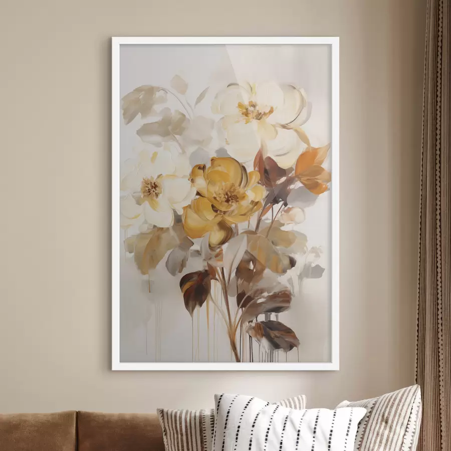 Papier peint Fleurs abstraites aux feuilles brunes, style pictural et coups de pinceau f49146