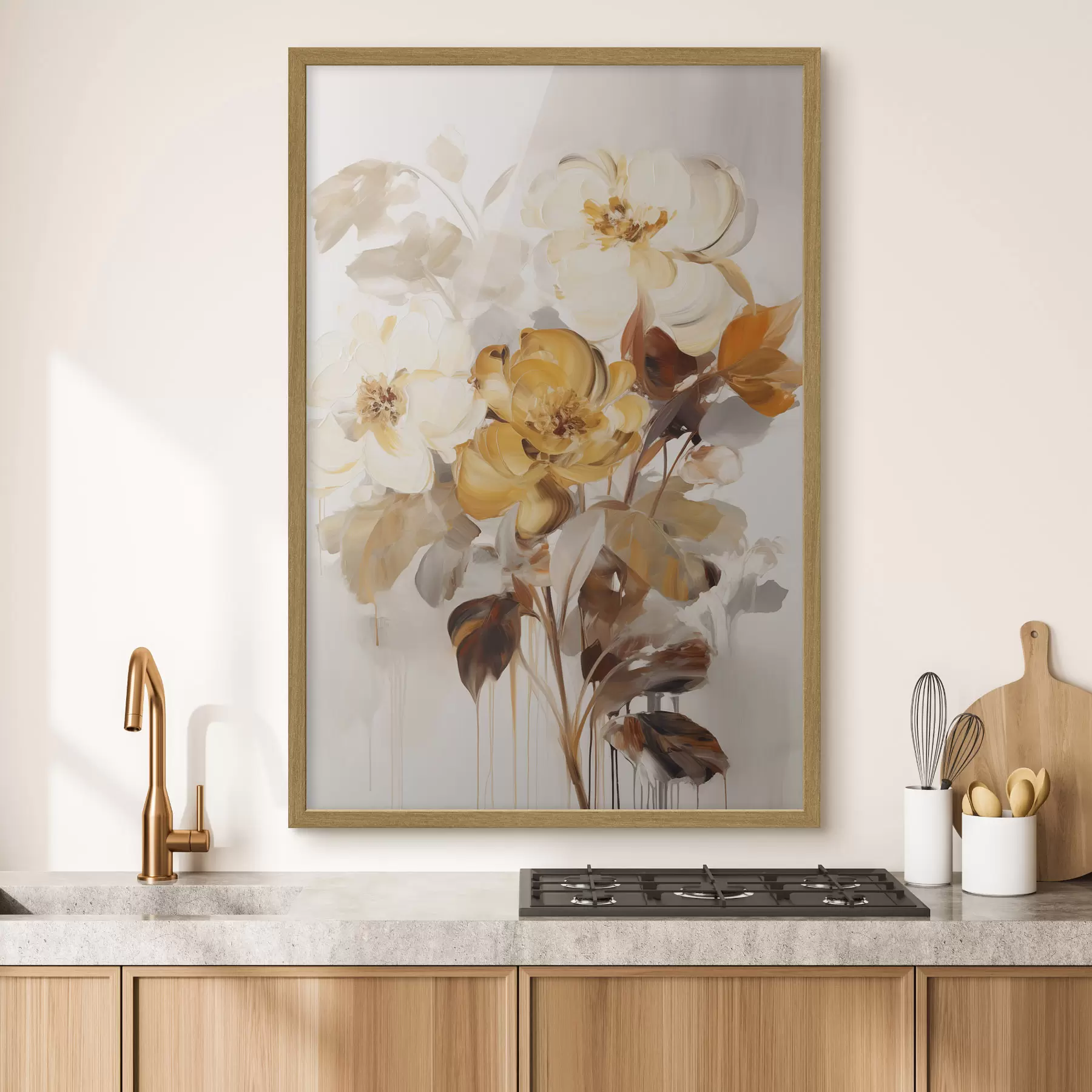 Papier peint Fleurs abstraites aux feuilles brunes, style pictural et coups de pinceau f49146