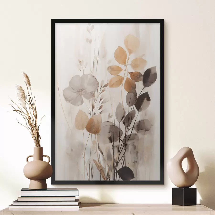 Papier peint Composition florale aux tons orange et gris discrets, art abstrait f49147