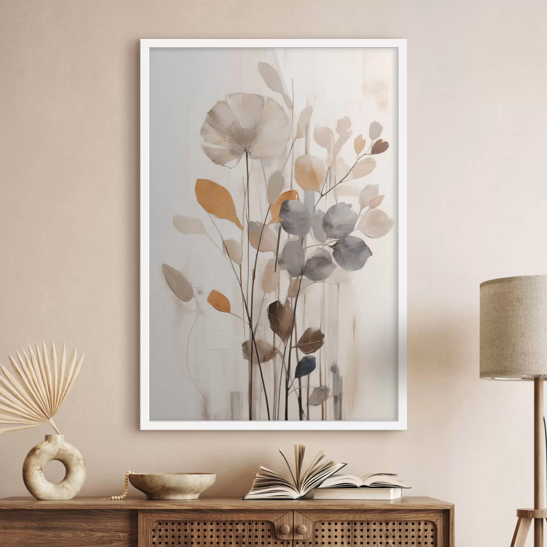 Papier peint Composition florale aux tons orange et gris discrets, art abstrait f49148