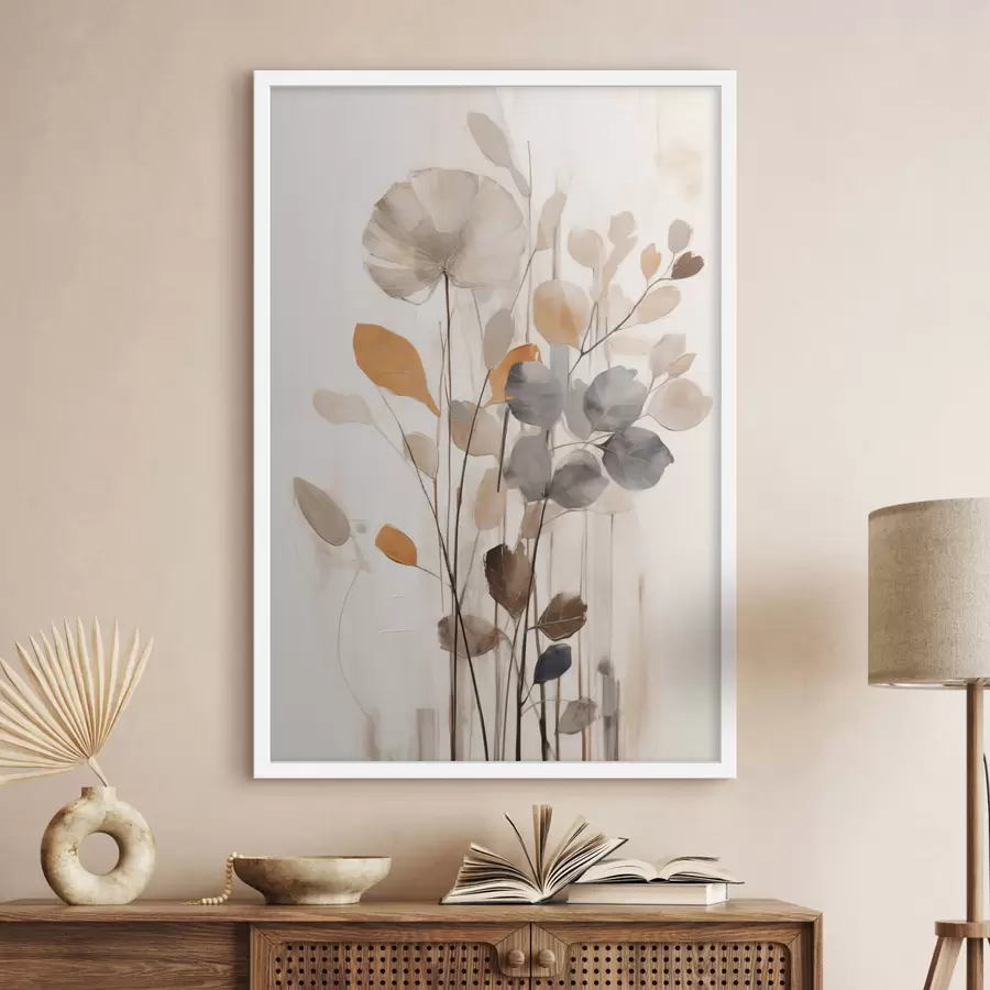 Papier peint Composition florale aux tons orange et gris discrets, art abstrait f49148