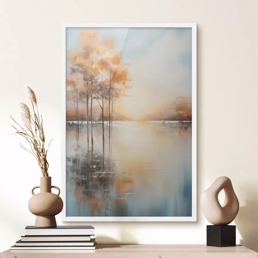 Papier peint Paysage, arbres aux feuilles orange, lac, le soleil en arrière-plan f49152