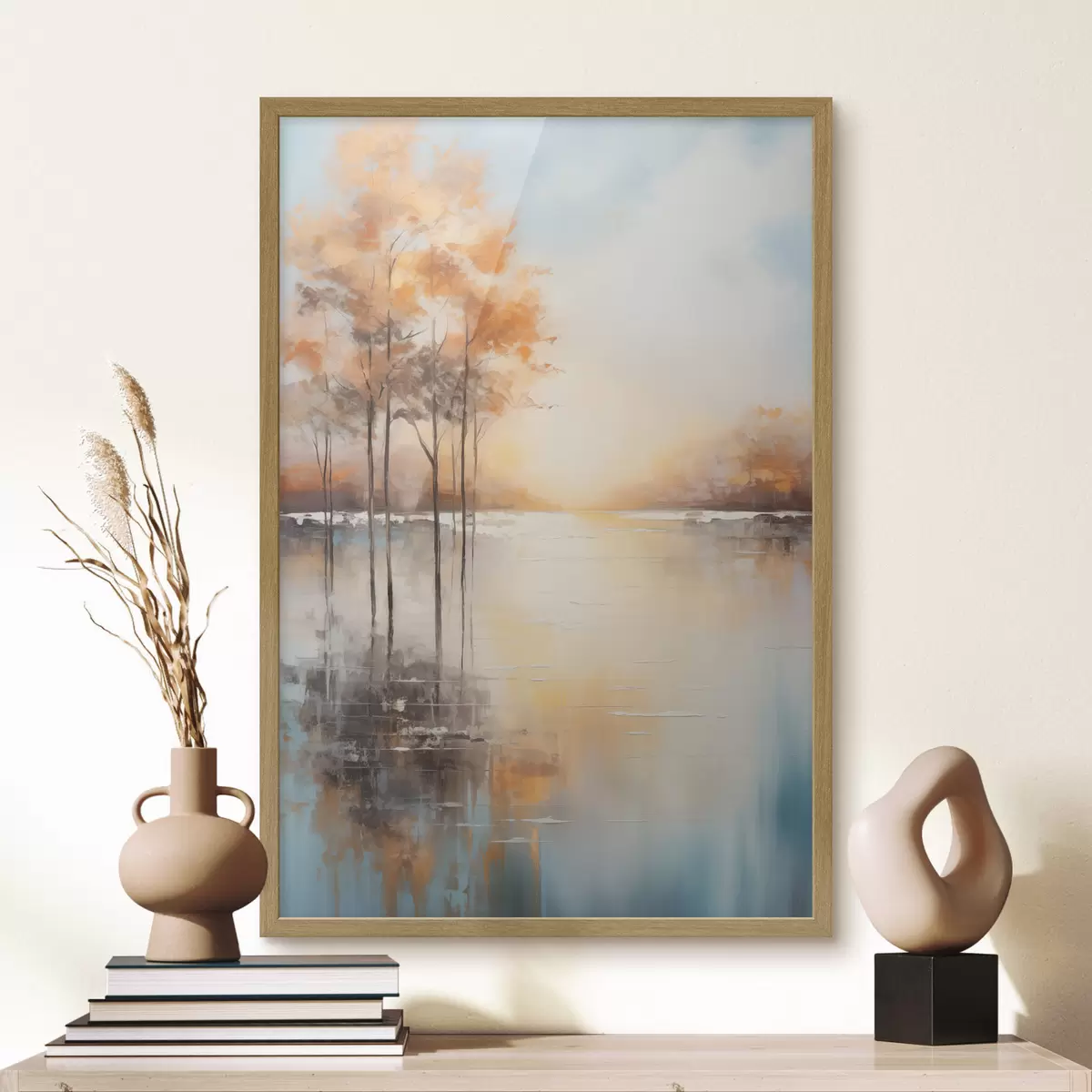 Poster Paysage, arbres aux feuilles orange, lac, le soleil en arrière-plan f49152