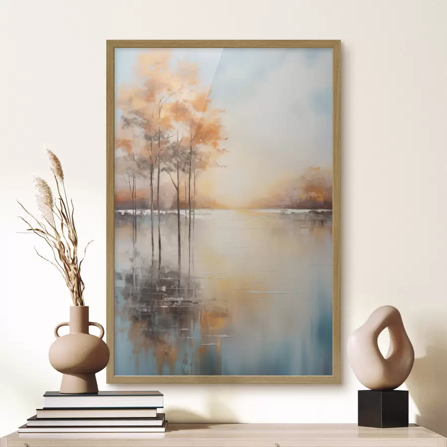 Papier peint Paysage, arbres aux feuilles orange, lac, le soleil en arrière-plan f49152