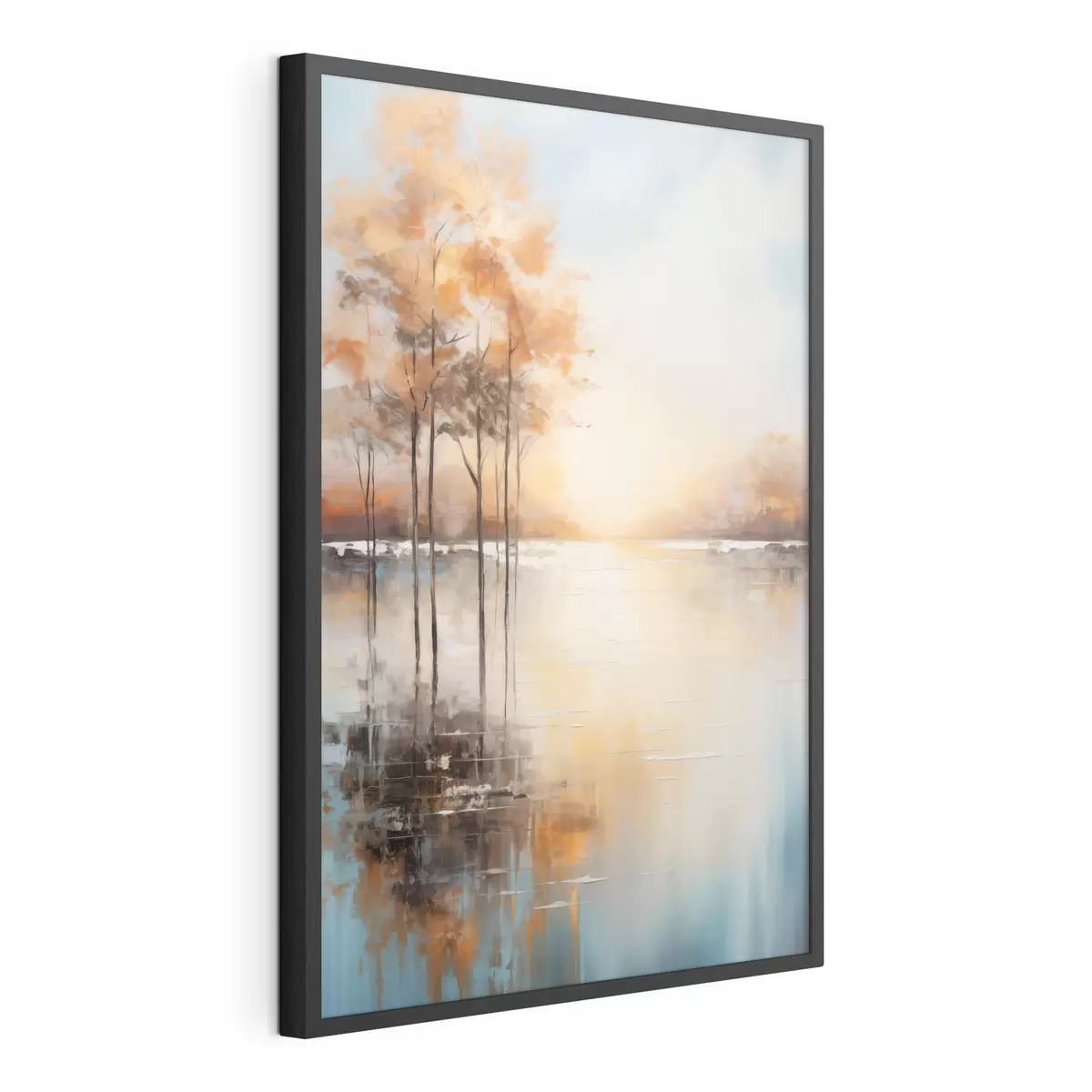 Poster Paysage, arbres aux feuilles orange, lac, le soleil en arrière-plan f49152