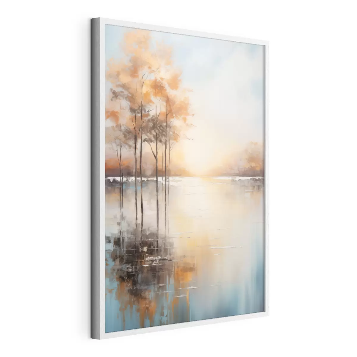 Poster Paysage, arbres aux feuilles orange, lac, le soleil en arrière-plan f49152