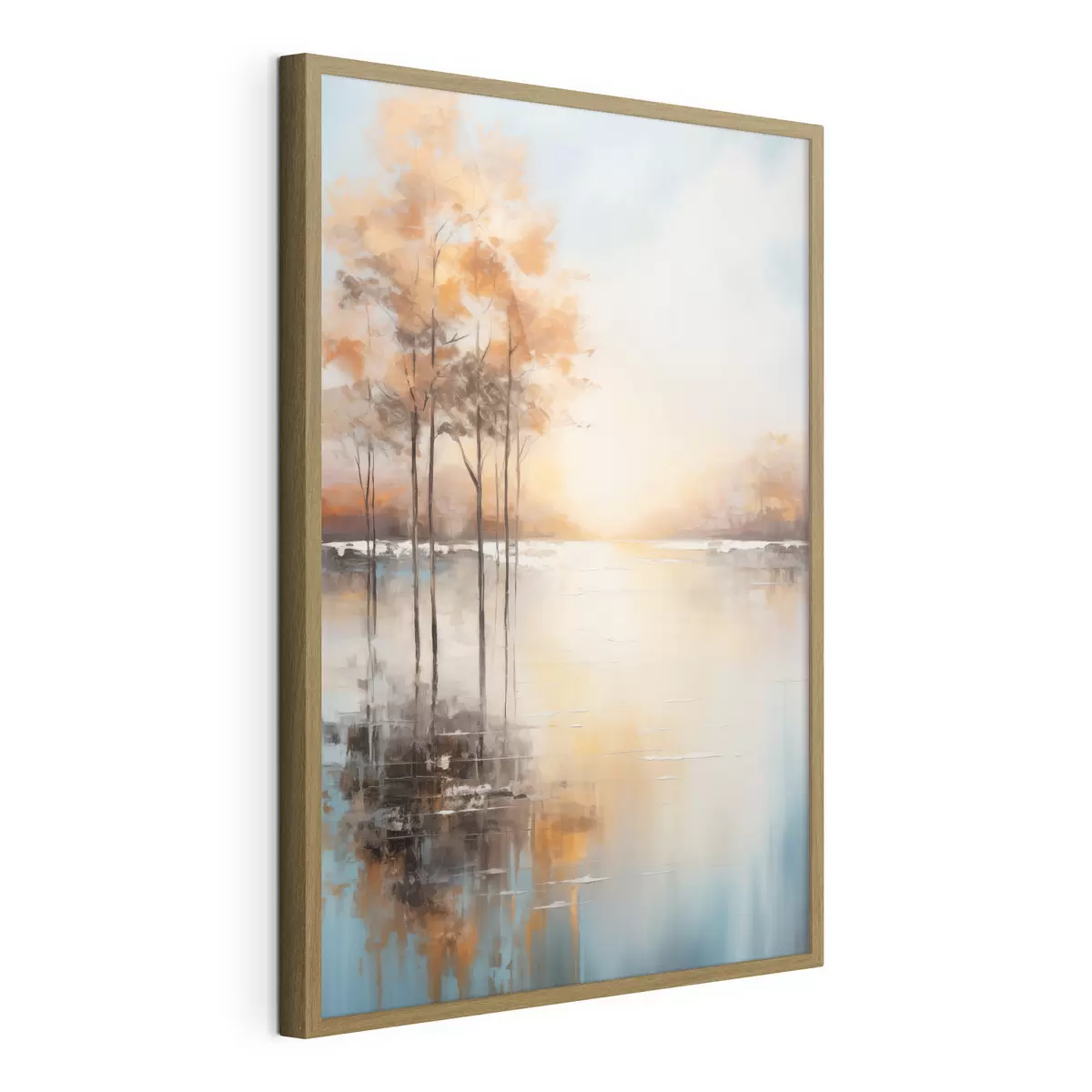 Poster Paysage, arbres aux feuilles orange, lac, le soleil en arrière-plan f49152