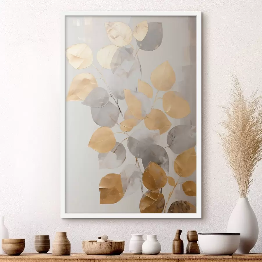 Papier peint Branche abstraite aux feuilles ovales dans des tons de gris et de jaune, œuvre d'art texturée f49156