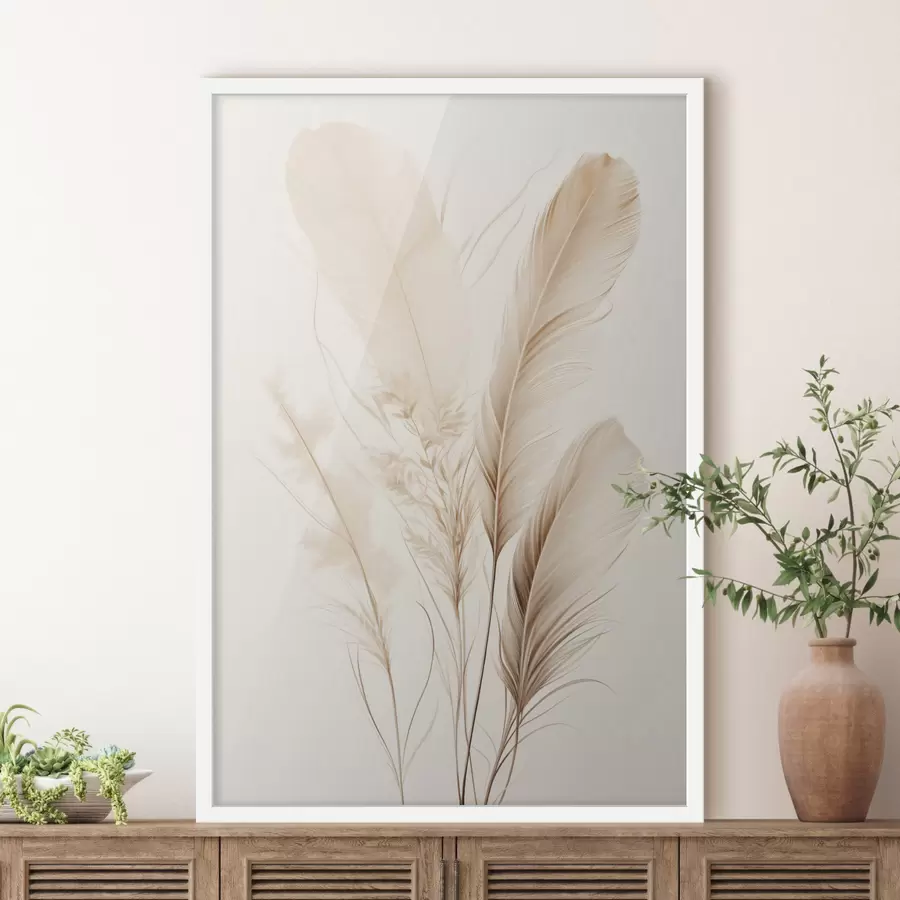 Papier peint Des plumes brun clair et quelques brins d'herbe séchée sur un fond clair f49157