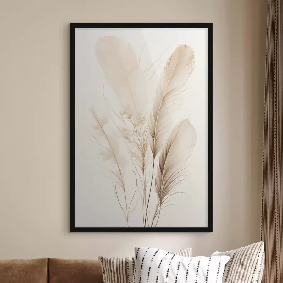 Papier peint Des plumes brun clair et quelques brins d'herbe séchée sur un fond clair f49157