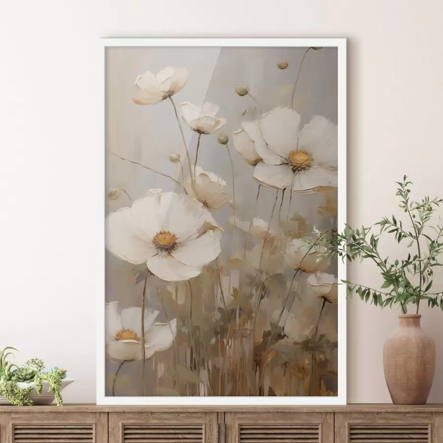Papier peint Des coquelicots blancs peints dans un style doux et impressionniste, sur un fond aux tons discrets f49159