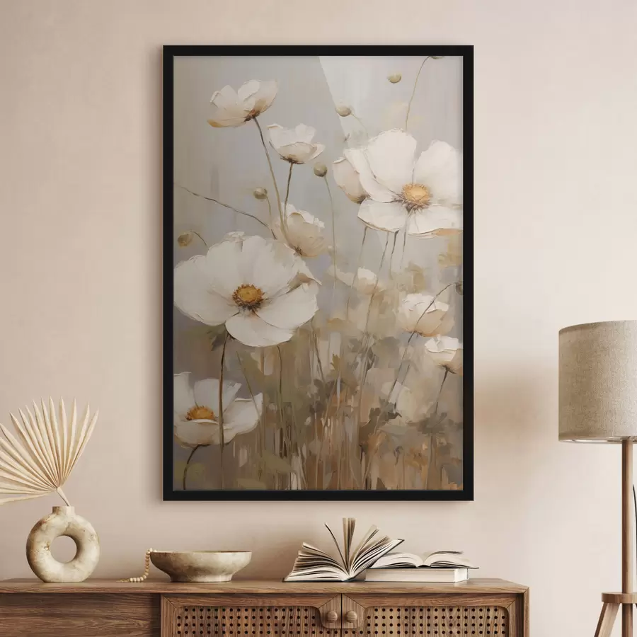 Papier peint Des coquelicots blancs peints dans un style doux et impressionniste, sur un fond aux tons discrets f49159