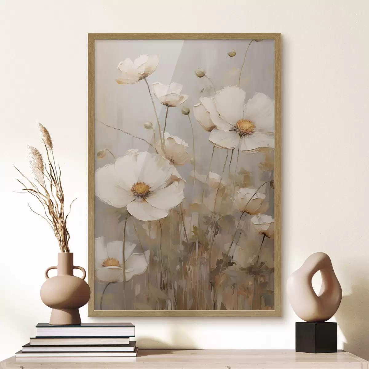 Poster Des coquelicots blancs peints dans un style doux et impressionniste, sur un fond aux tons discrets f49159