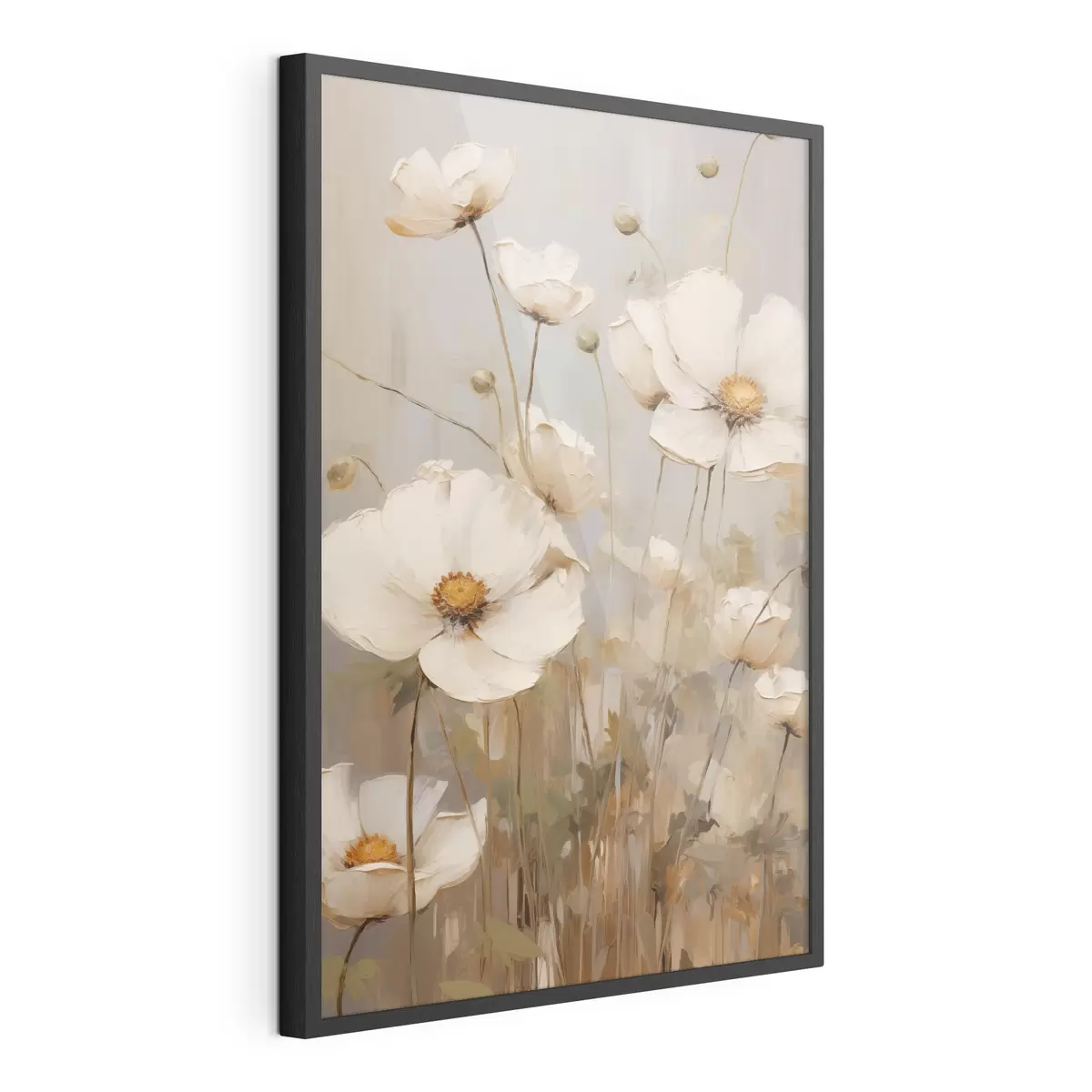 Poster Des coquelicots blancs peints dans un style doux et impressionniste, sur un fond aux tons discrets f49159