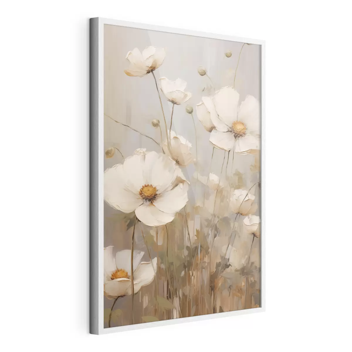 Poster Des coquelicots blancs peints dans un style doux et impressionniste, sur un fond aux tons discrets f49159