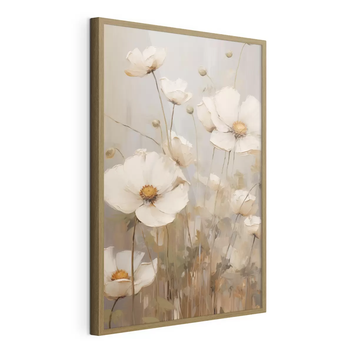 Poster Des coquelicots blancs peints dans un style doux et impressionniste, sur un fond aux tons discrets f49159