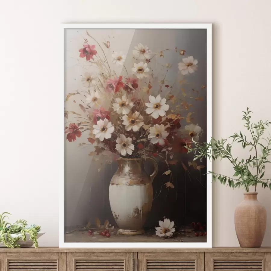 Papier peint Un bouquet de fleurs blanches et rouges rehaussées de touches marron dans un vase, dans un style pictural f49161