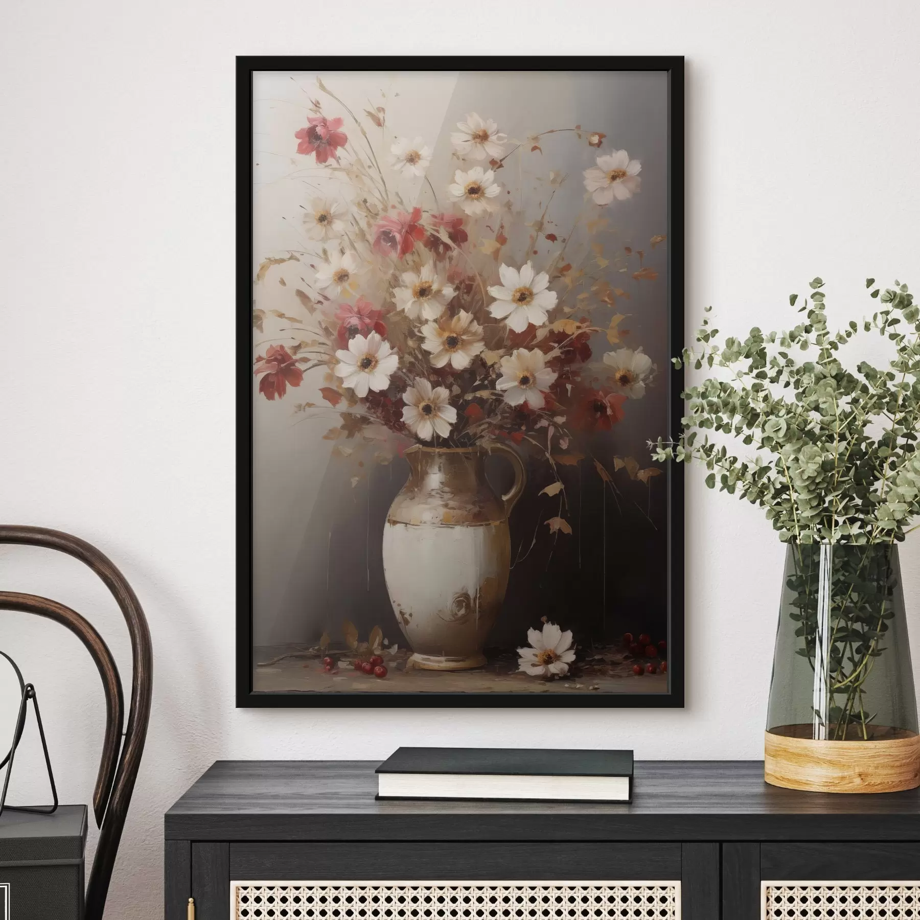 Papier peint Un bouquet de fleurs blanches et rouges rehaussées de touches marron dans un vase, dans un style pictural f49161