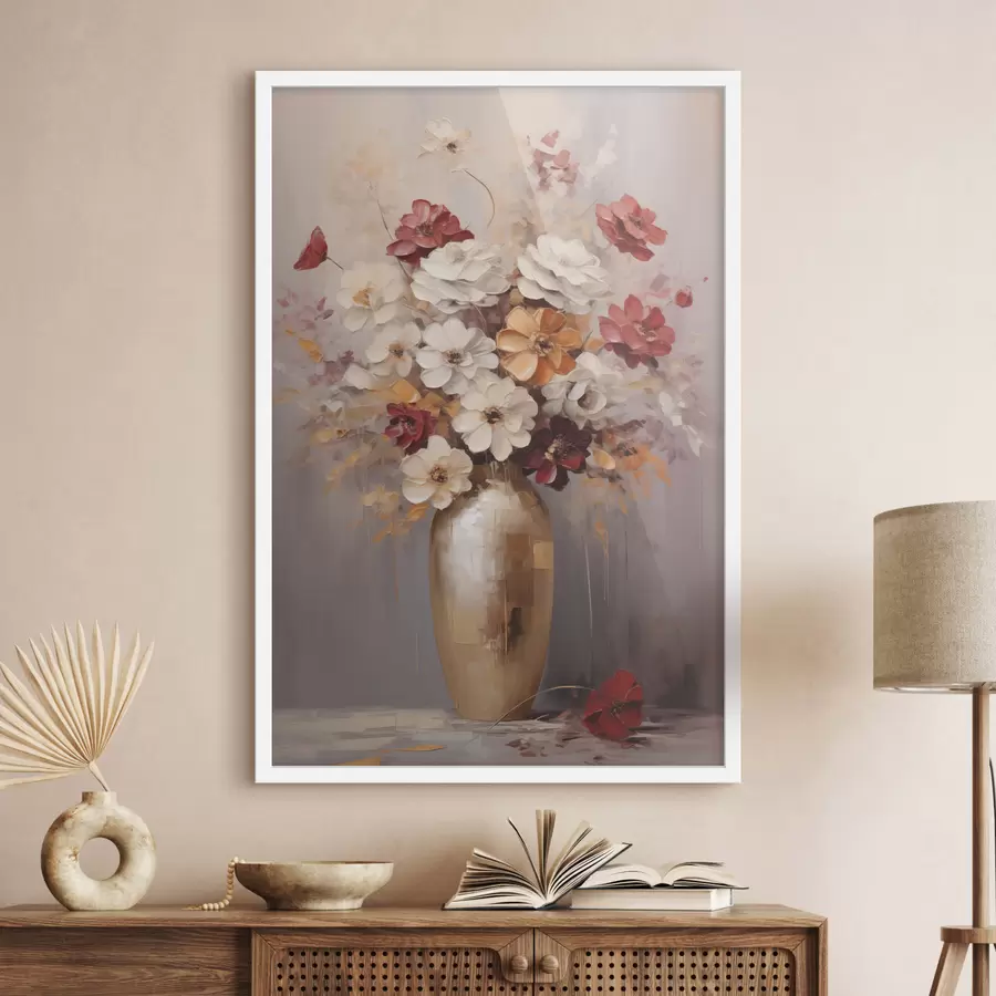 Papier peint Un bouquet de fleurs blanches et rouges rehaussées de touches marron dans un vase, dans un style pictural f49162