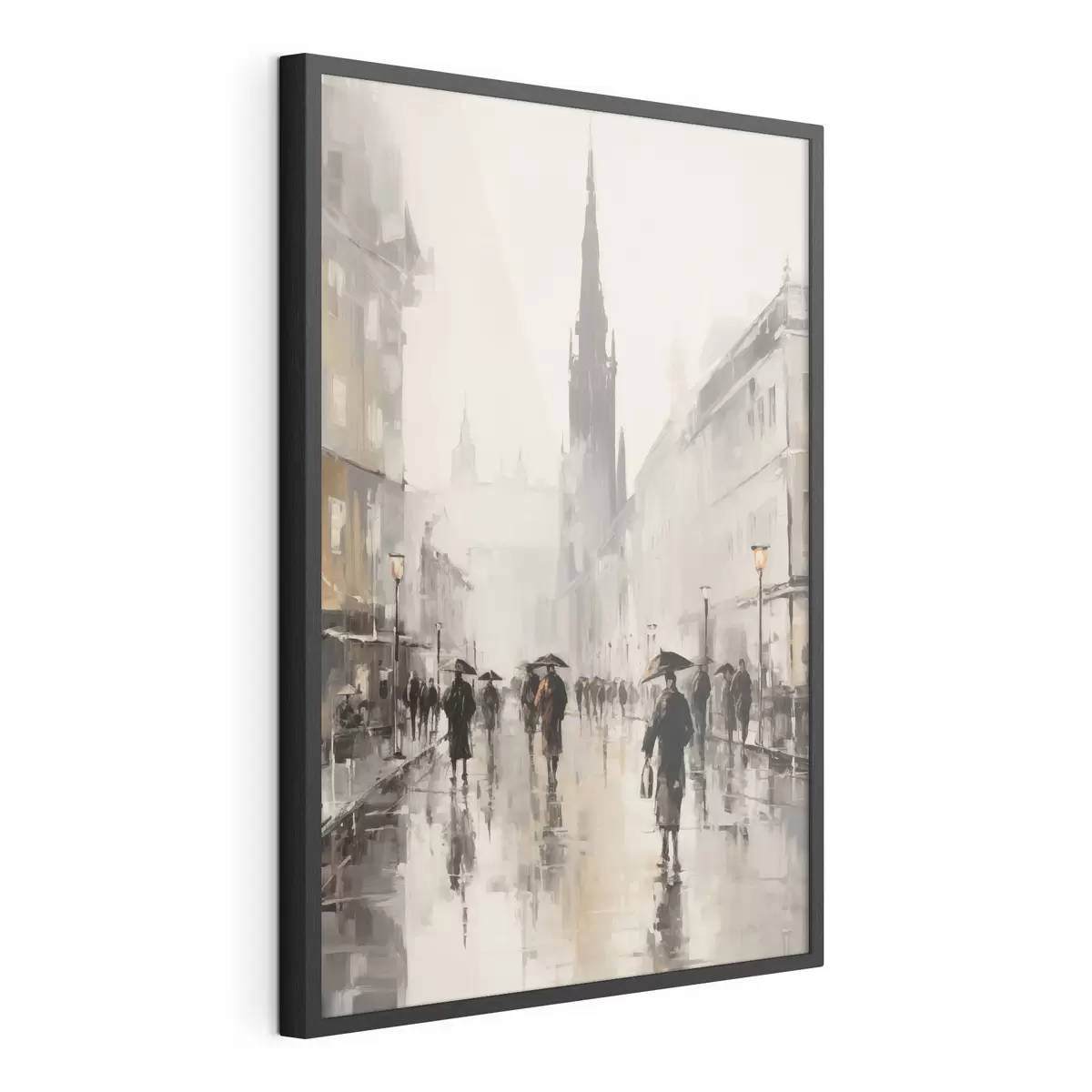 Poster Un groupe de personnes munies de parapluies marche dans une rue mouillée en ville f49167