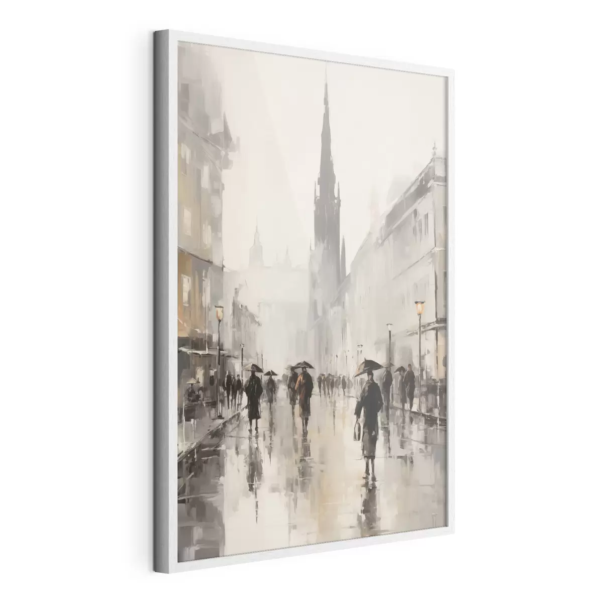 Poster Un groupe de personnes munies de parapluies marche dans une rue mouillée en ville f49167