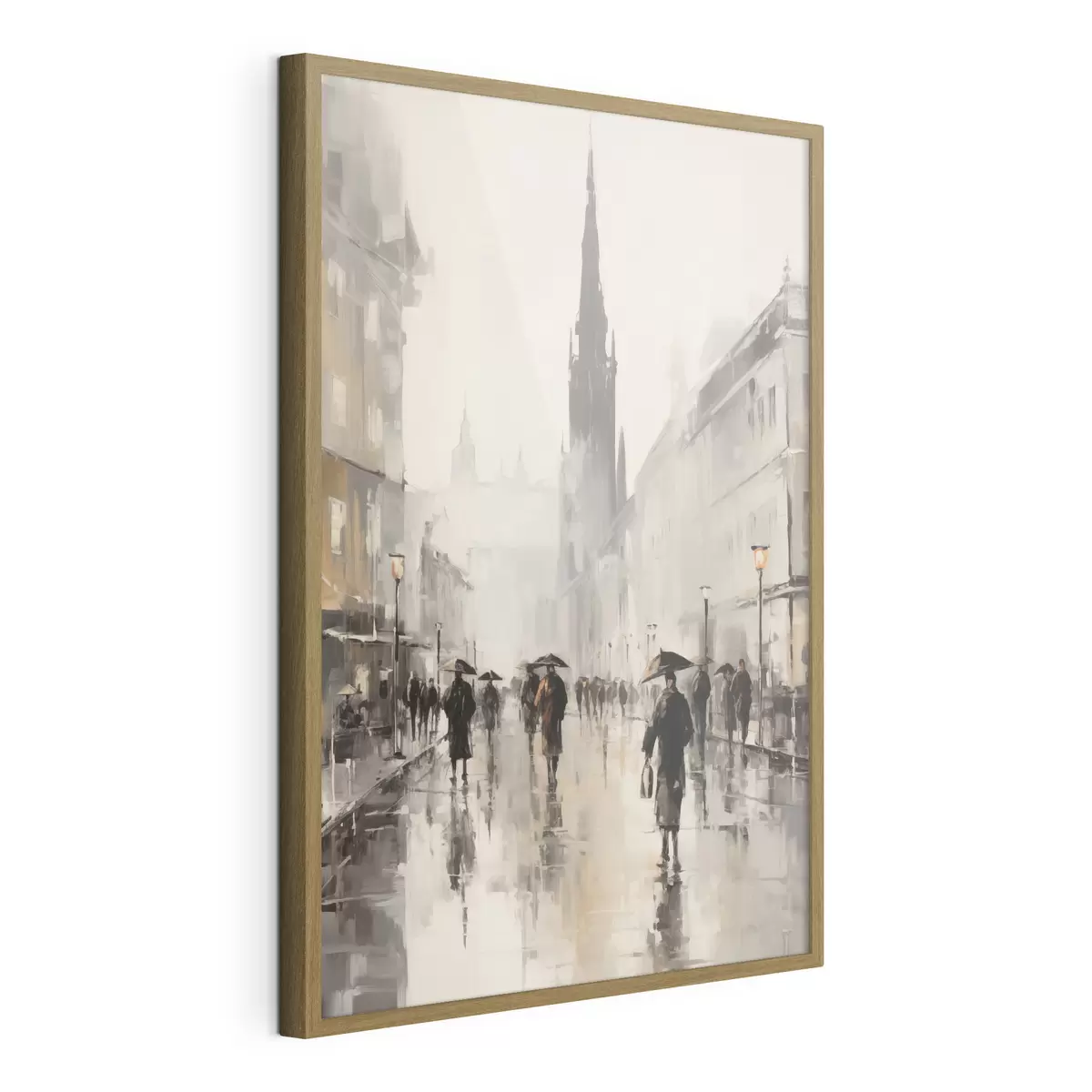 Poster Un groupe de personnes munies de parapluies marche dans une rue mouillée en ville f49167