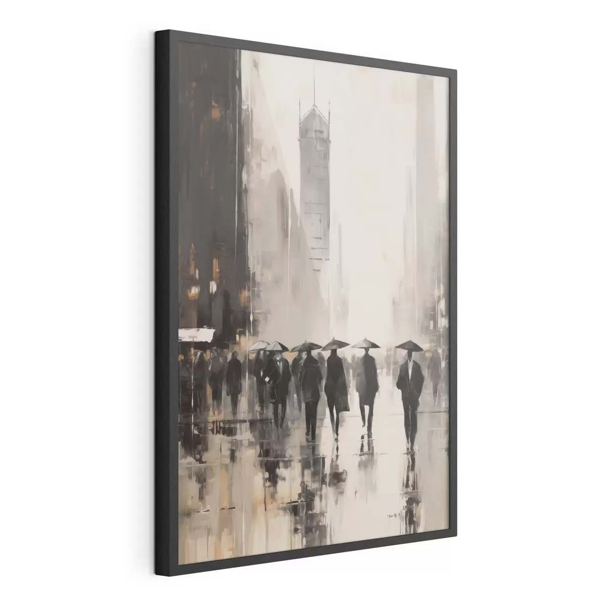 Poster Un groupe de personnes munies de parapluies marche dans une rue mouillée en ville f49168