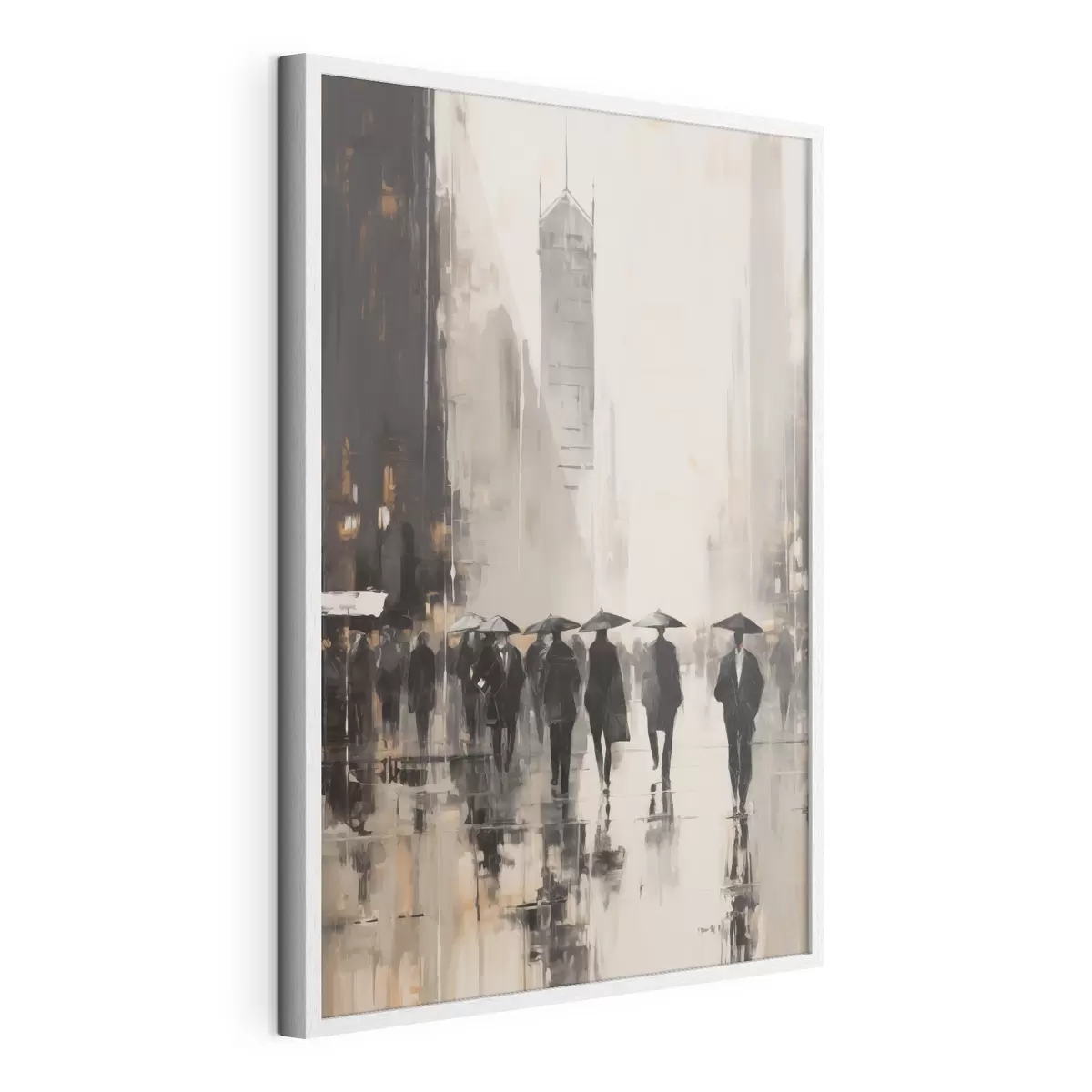 Poster Un groupe de personnes munies de parapluies marche dans une rue mouillée en ville f49168