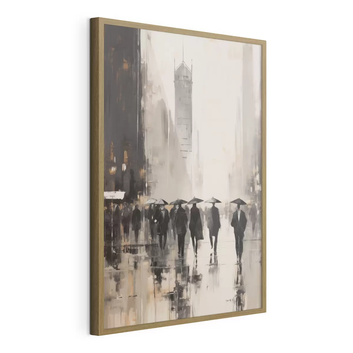 Poster Un groupe de personnes munies de parapluies marche dans une rue mouillée en ville f49168