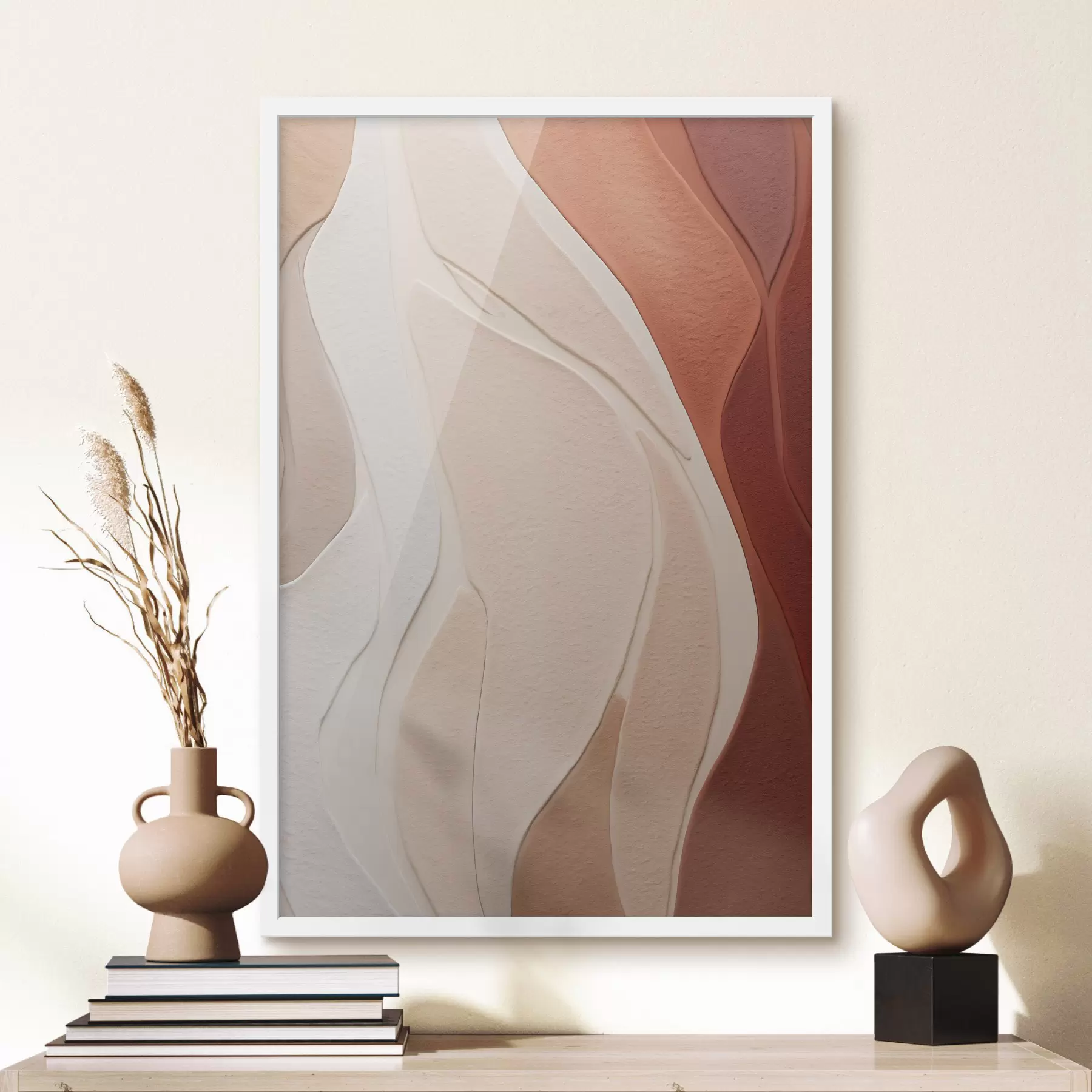 Papier peint Des couches abstraites et ondulées de textures dans des tons de terre cuite, de beige et de crème f49170