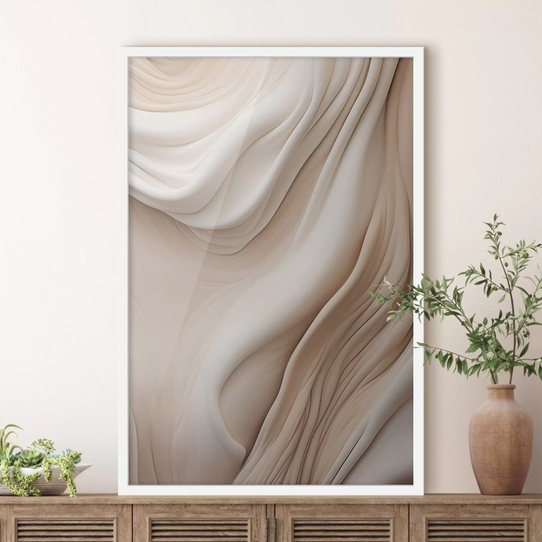 Papier peint Des textures fluides et abstraites dans des tons crème et beige, rehaussées d'ombres douces f49175