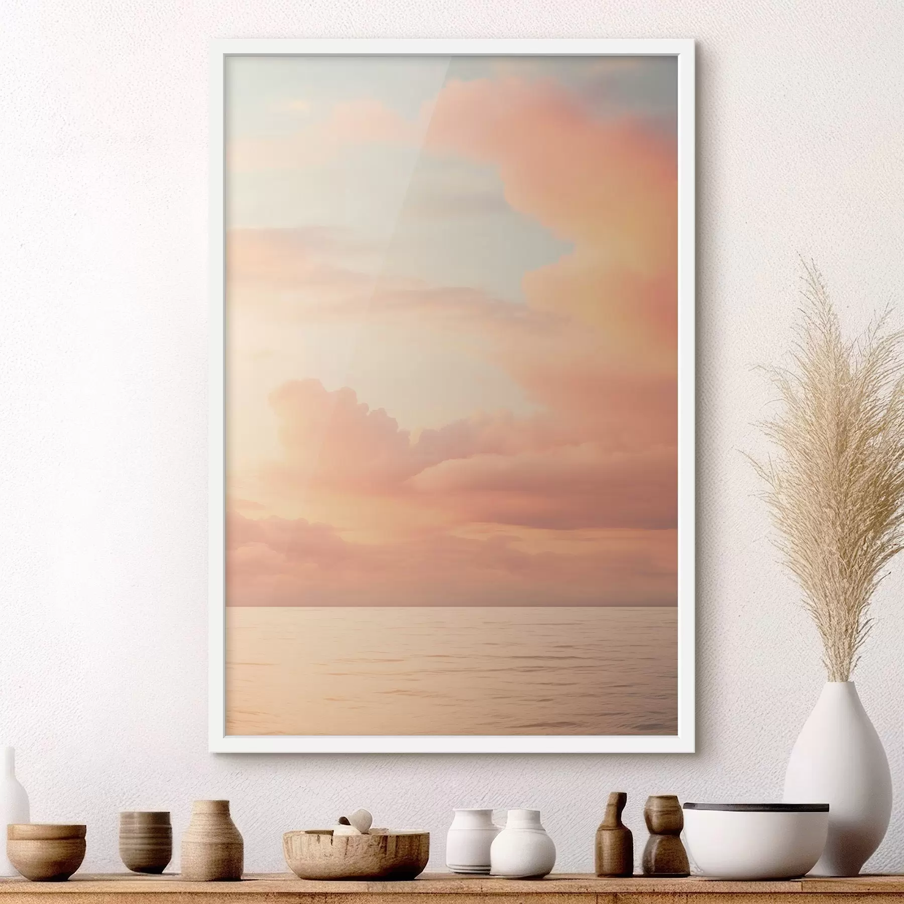 Papier peint Un ciel aux teintes pastel, parsemé de nuages cotonneux, au-dessus d'un océan calme et miroitant au coucher du soleil f49178