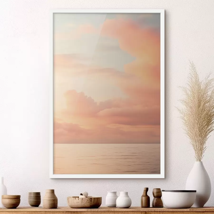 Papier peint Un ciel aux teintes pastel, parsemé de nuages cotonneux, au-dessus d'un océan calme et miroitant au coucher du soleil f49178