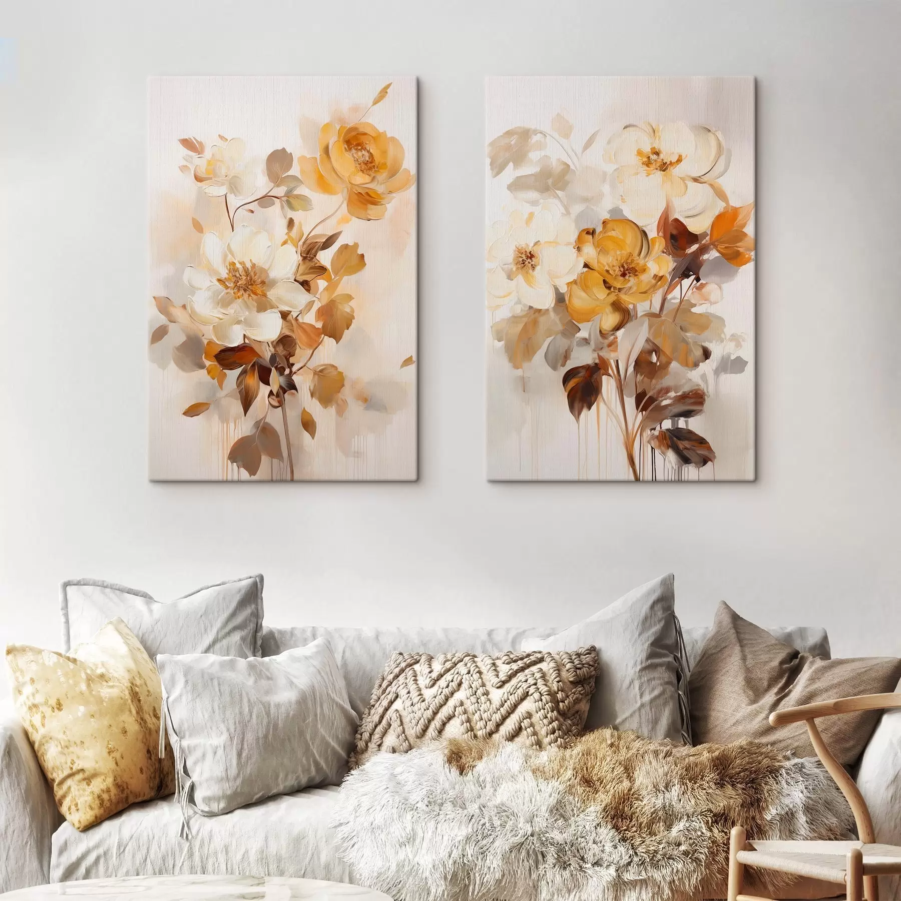 Tableau Fleurs abstraites aux feuilles brunes, style pictural et coups de pinceau m30469