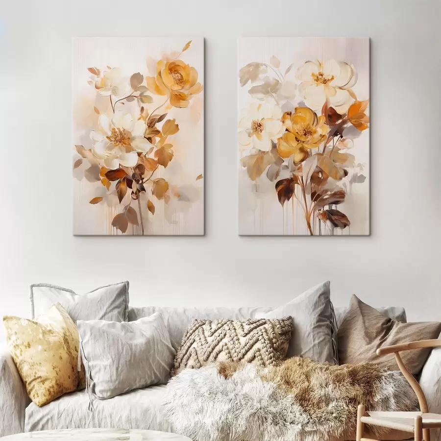 Tableau Fleurs abstraites aux feuilles brunes, style pictural et coups de pinceau m30469