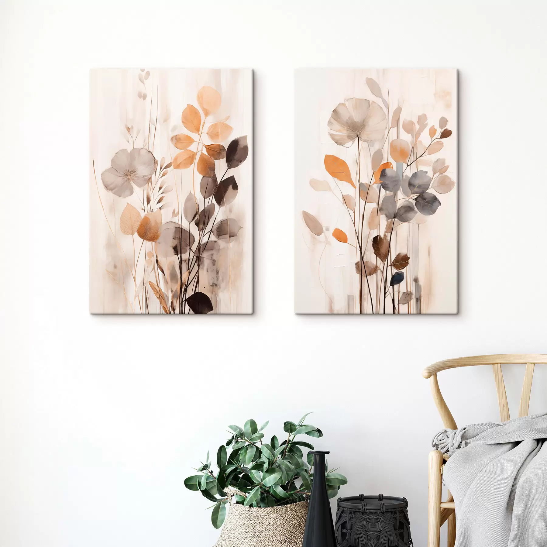 Tableau Composition florale aux tons orange et gris discrets, art abstrait m30470
