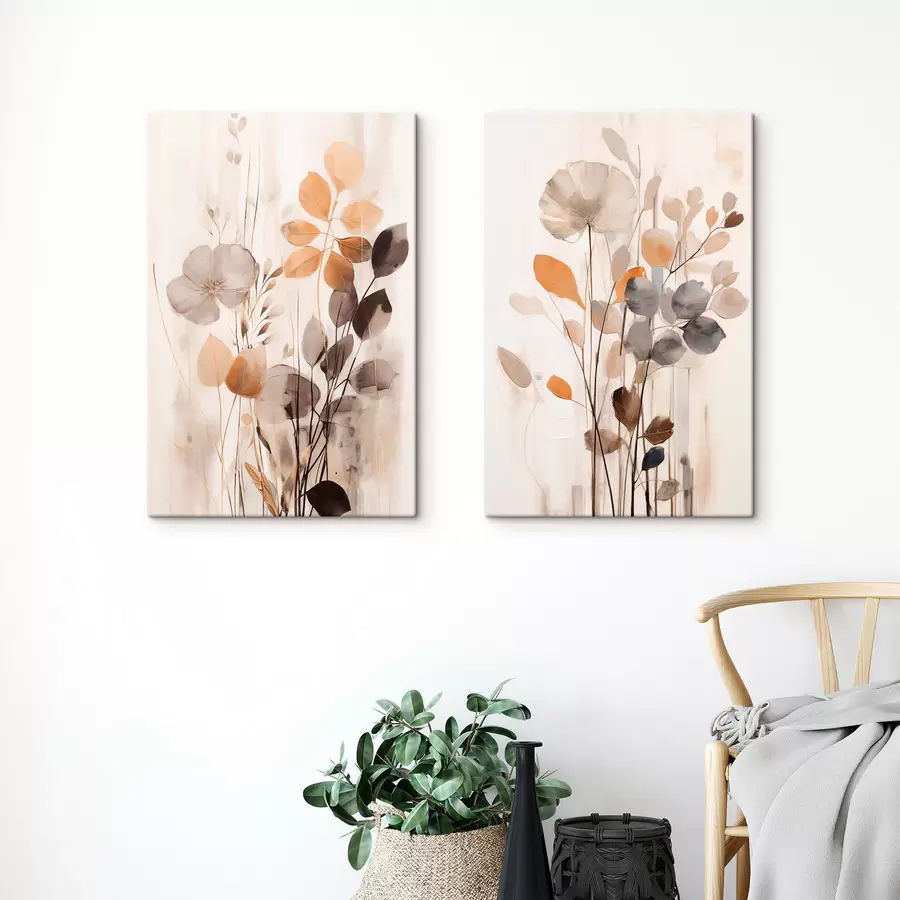 Tableau Composition florale aux tons orange et gris discrets, art abstrait m30470