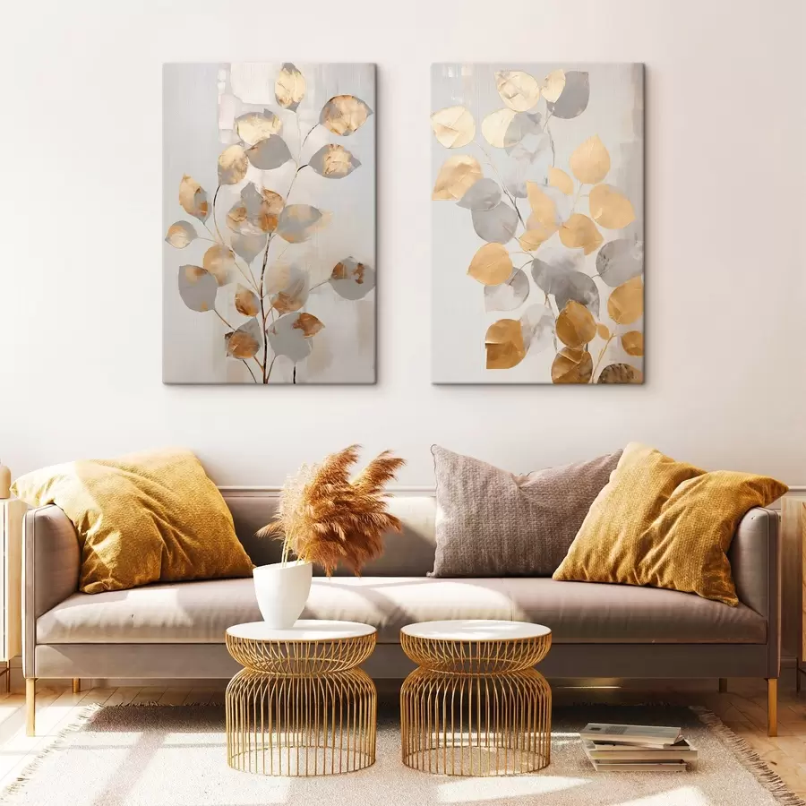 Tableau Branche abstraite aux feuilles ovales dans des tons de gris et de jaune, œuvre d'art texturée m30474