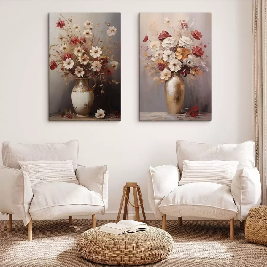 Tableau Un bouquet de fleurs blanches et rouges rehaussées de touches marron dans un vase, dans un style pictural m30477
